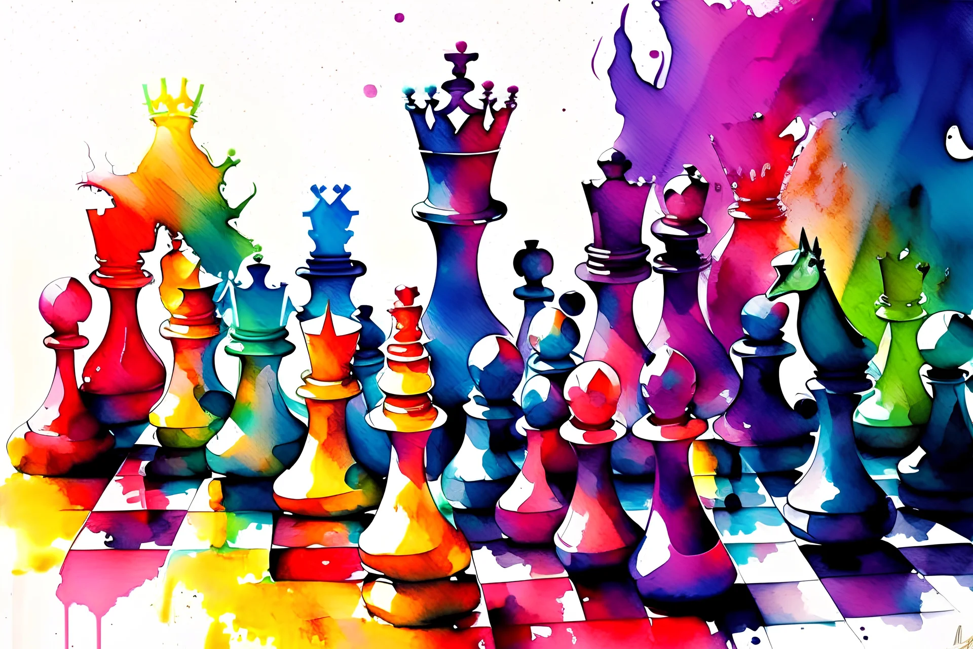 loads of colorful bright chess figures of different shapes and and a few less colorful ones, watercolor