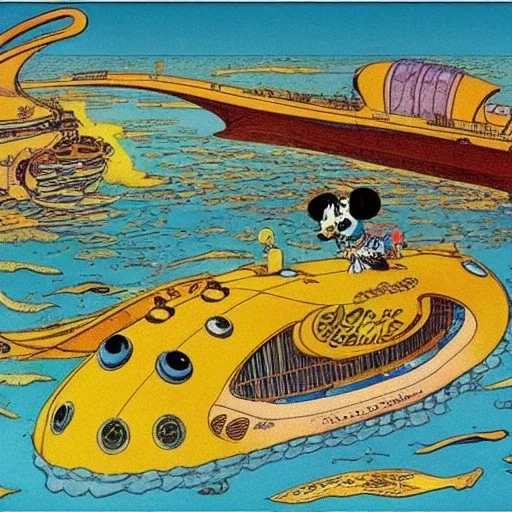 mix between the captain nemo submarine and the beatle yellow submarine by disney in a seabed imagined by winsor mccay