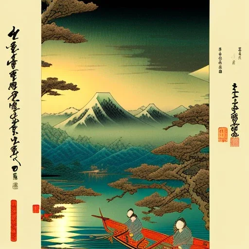 Ukiyo-e styled art, stream, mountain, sun, family on a boat