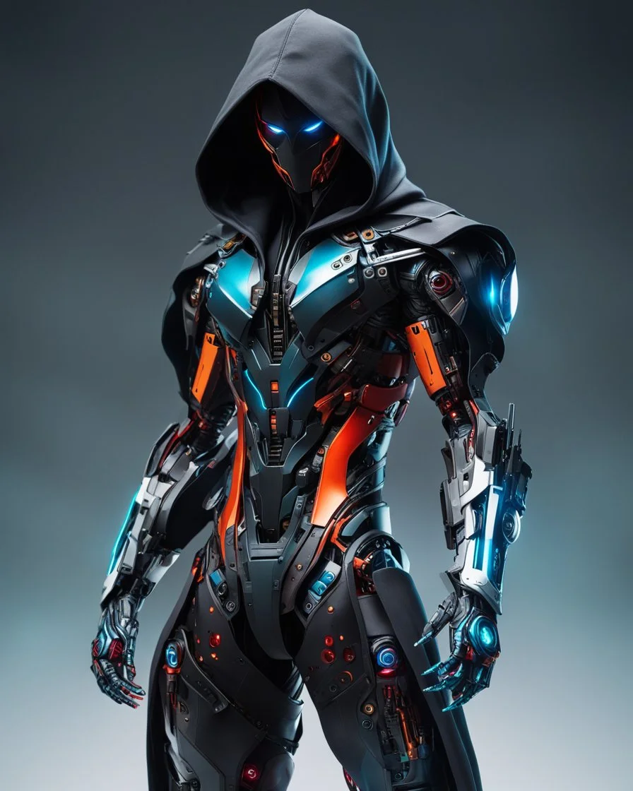 Colorido style. Whole body. Masterpiece of a hooded killer Cyborg, his eyes are intense, (((full body))), contrasting colors.