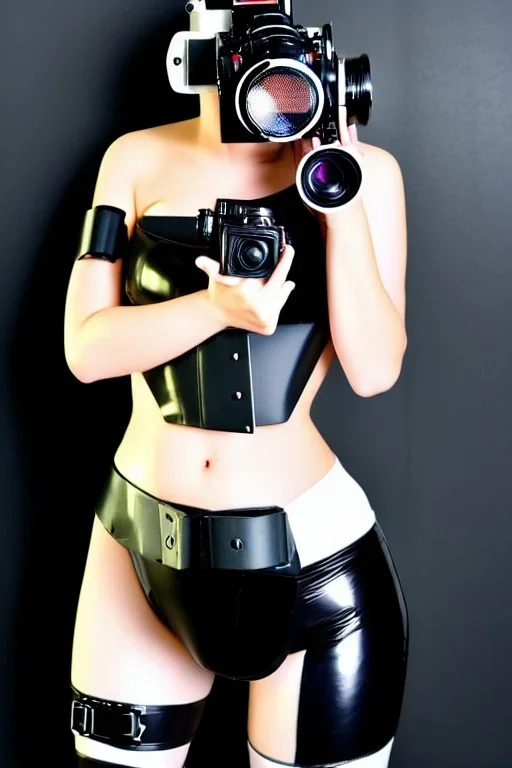 Cyber-punk style camera-mask. Large fencing mask covers cheeks. Trim girls. Reflective white plastic skin. Camera lenses as eyes. Head full of integrated old-fashioned cameras. Golden to cyan surfaces body, latex. Perfect body, thick thighs and calves. Asa Akira. Selfies with old-fashioned cameras in both hands. Wide hip, skirt bleats nicely. Camera at mons veneris and nipples. Partly symmetrical. Three Cameras hanging on wide plastic belt. Euclidean 3D-tiling. Fractal-camera-lens.Minimalism