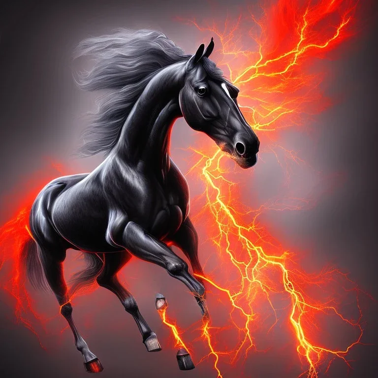 Black muscular horse with red eyes, fire, ice, lightning