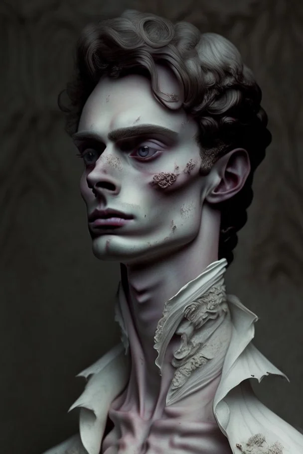 cursed young man from a royal familly victorian times whose skin looks like stone sculpture