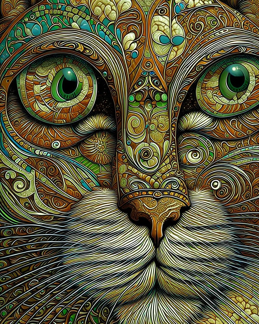 Detailed Surreal Portrait of Oriental blue and white tabby cat, with a triangular slender white face, large ears and green eyes by Gustav Klimt muted natural normal colors.