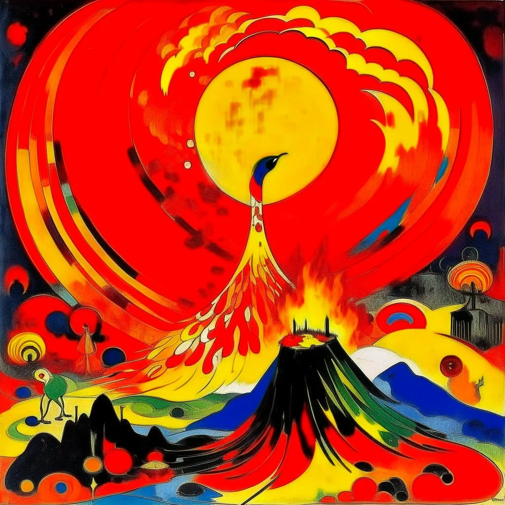 A red volcano with phoenix fire painted by Wassily Kandinsky