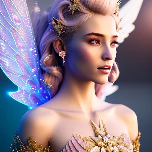 enlighten, light pink blue colors, beautiful portrait of happy blonde bright fairy with wings, crystals, gold dress, winter landskape, depth of field, 8 K, fantasy