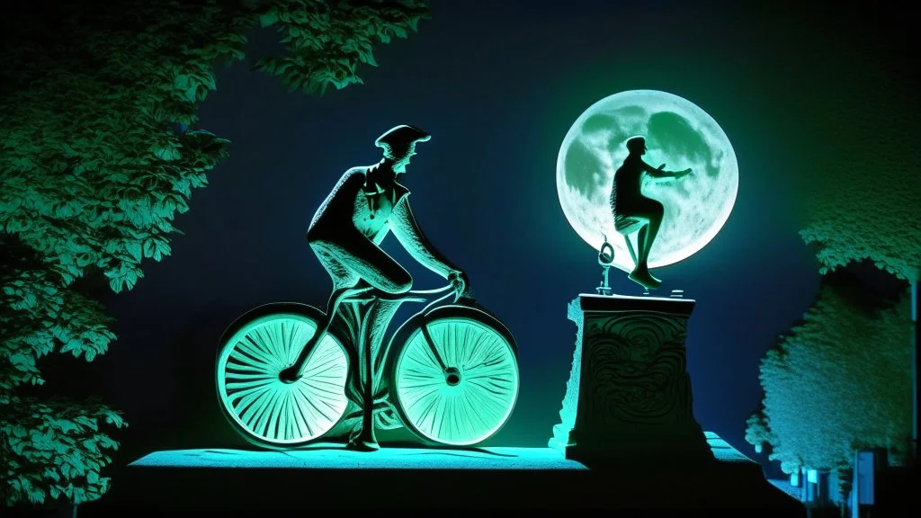 evening, in the moonlight, the shadow of a man on a bicycle , statue of a phosphorescent musical note