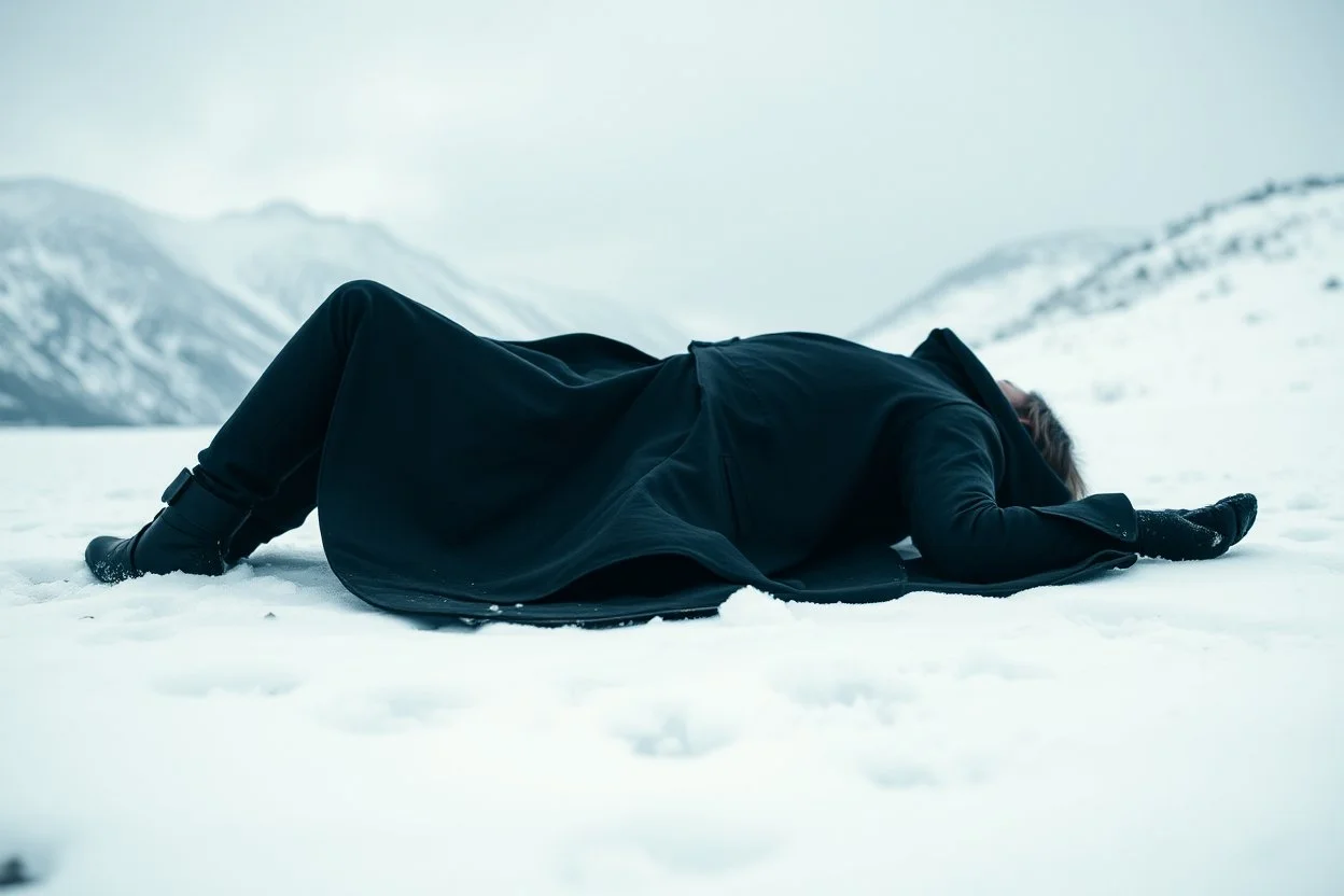 in distance side a wiev a figure in dark clothes and long black leather coat lies on his back in the snow in a winter landscape, alone, white snow, high contrast, cold, winter, mountains, white, blue, gray and black colors, cinematic, atmospheric, dark, gloomy, thriller vibe, crepy stunning