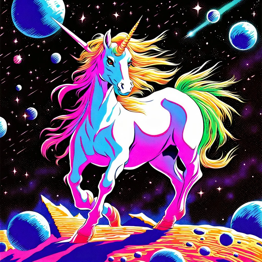 90's TCG art retro fantasy art of Space unicorn