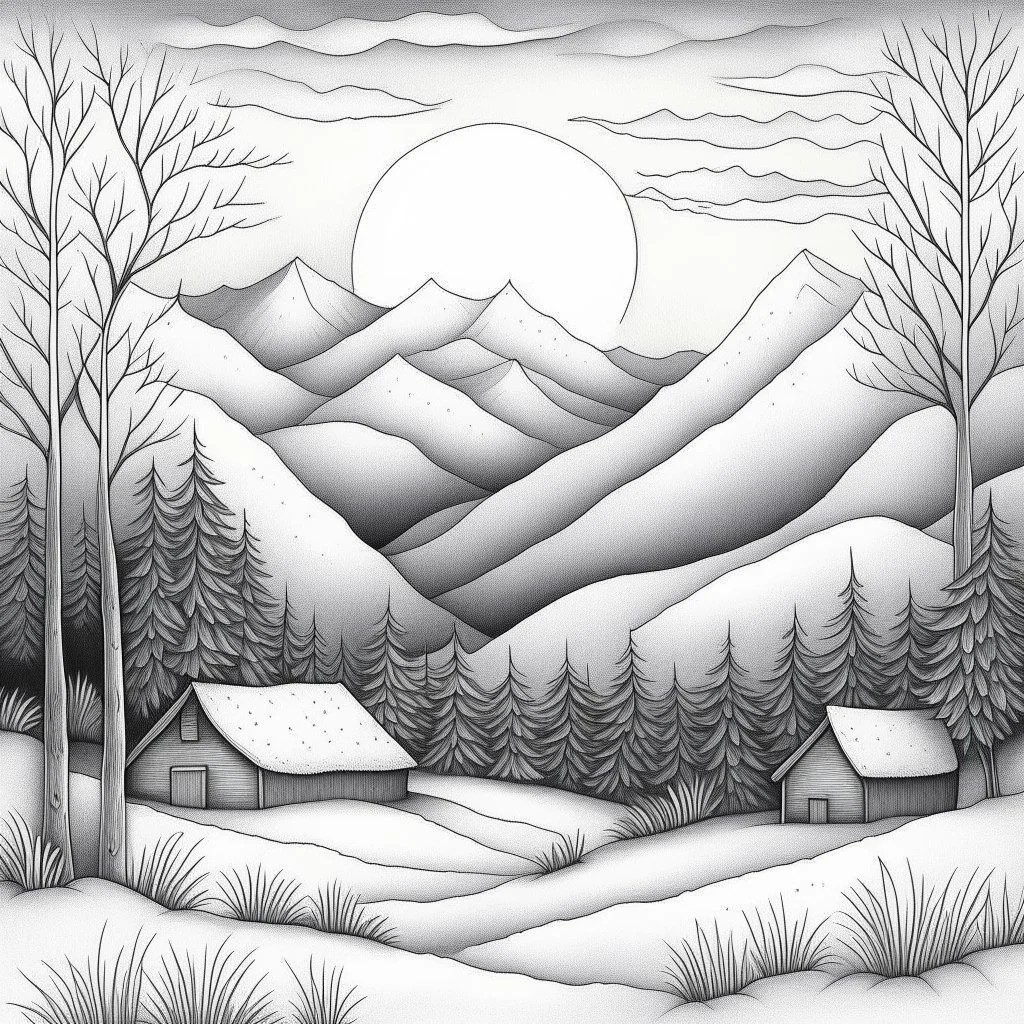 Outline art for coloring page with a cute mountain landscape white background, sketch style, only use outline, clean line art, white background, no shadows, clear outline