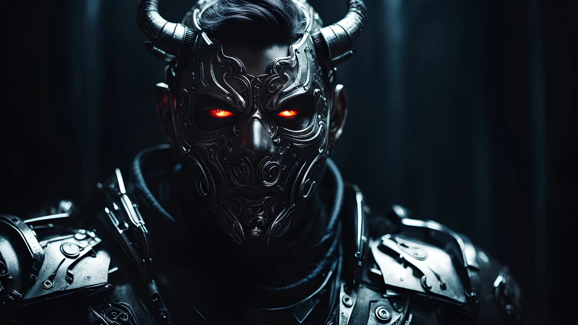 A portrait of a demon cyborg ghost, a mask, cinematic, melancholy, dynamic lighting, dark background,