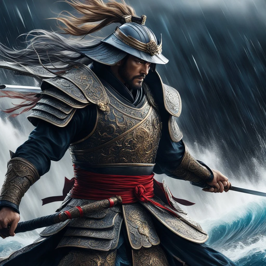 hyper-maximalism, ultra detailed, close-up, side view, samurai in full intricate armor, attack stance, water, storm, raging wind, hyper realistic, digital art, cinematic, art by David Finch and Artgerm, ultra sharp focus, award winning photograph, perfect contrast, high sharpness, depth of field, dynamic pose, ultra detailed photography, global illumination, smooth, ultra high definition, 8k, unreal engine 5, ultra sharp focus, 8k, slight imperfections, V-ray render