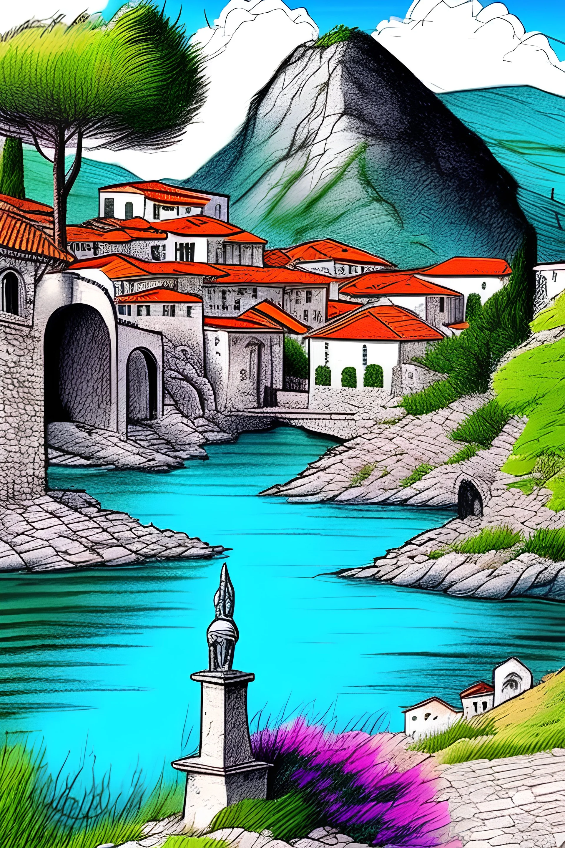 Draw a picture where the sights of Montenegro and its nature are presented. The picture should look like a comic book.