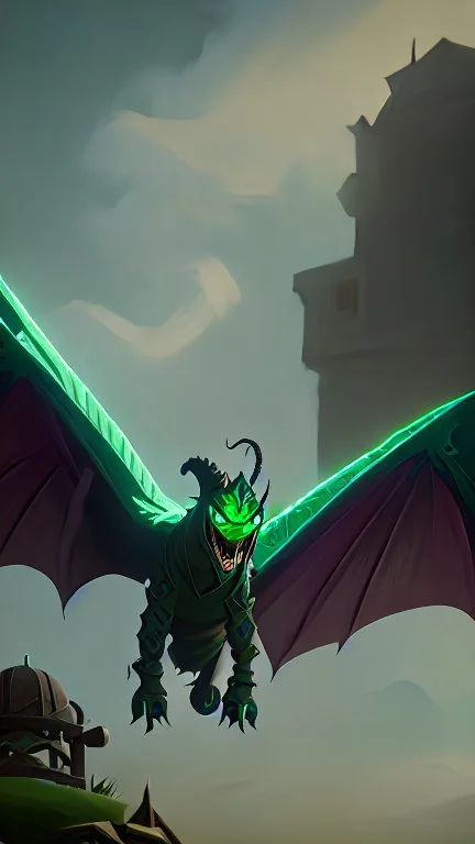 A green dragon over a medieval village