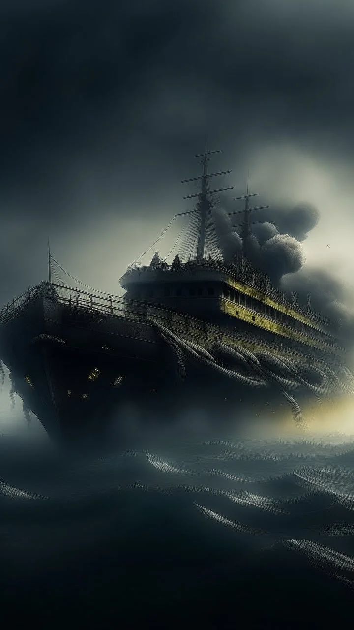 ,surrealism of the dark of a nightmare , hyper photorealistic, hyper detailed bright art color, high resolution, fog, octane render, tilt shift, HDRI Environment, all pictures dark gray, a torpedo hitting a ship