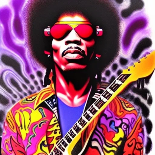 a realistic picture of Jimi Hendrix at a turntable with headphones on being a DJ, vivid color, with sunglasses, psychedelic trippy art