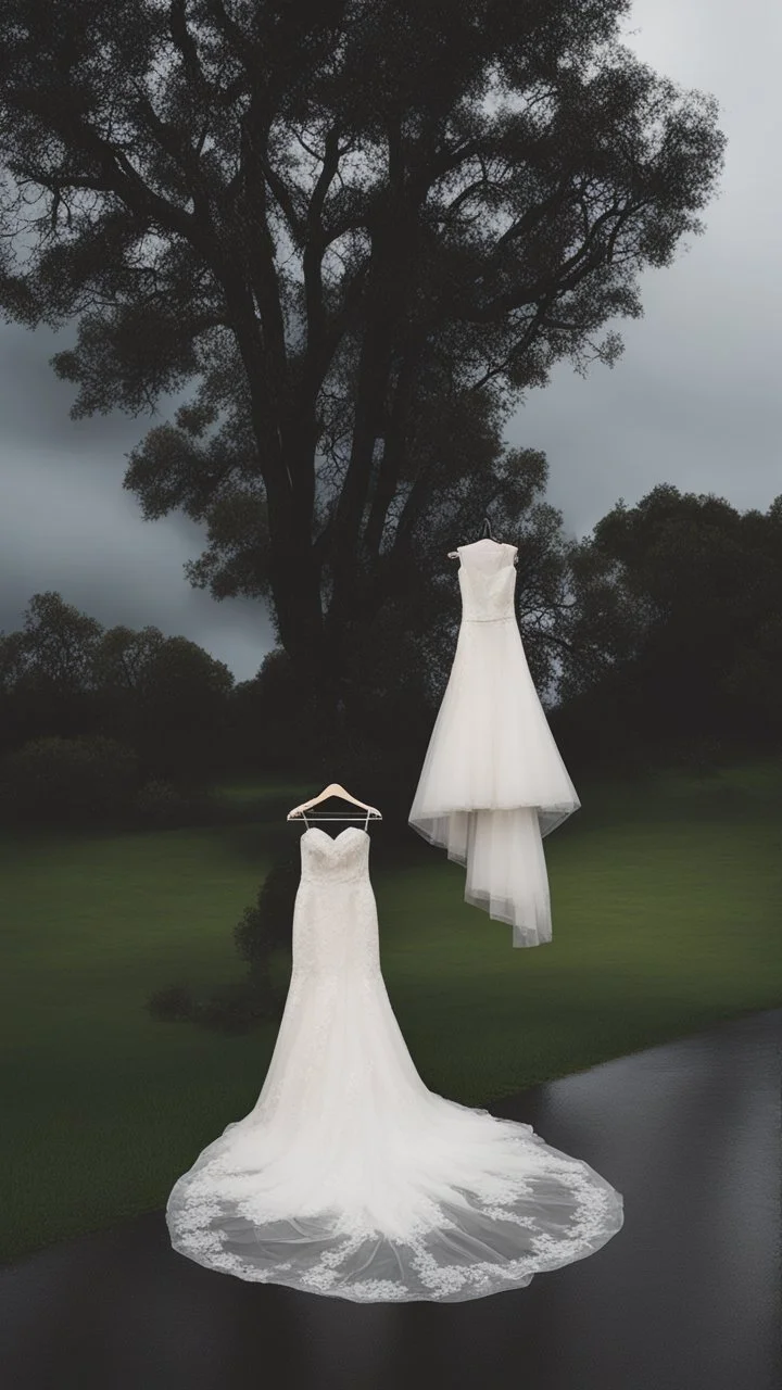 A wet washed wedding dress drying on a rob in a stormy foggy sky in the background