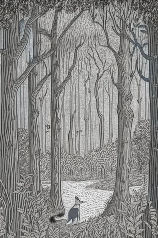 in the style of Henry Justice Ford, a drawing of a forest in which a fox lives