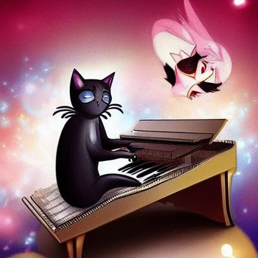 cat playing piano in style of anime