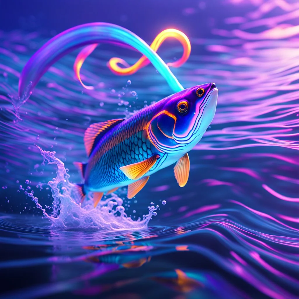 infinity symbol ∞ with vibrant powerful fish jumping out of the water, striking, neon, chiaroscuro, dramatic, captivating, powerful, fantasy, beautiful, octane render, 16k post-production, artstation: award-winning: atmospheric: commanding: fantastical: clarity: ultra quality: striking: brilliance: stunning colors: amazing depth; lens: f/11, 35mm