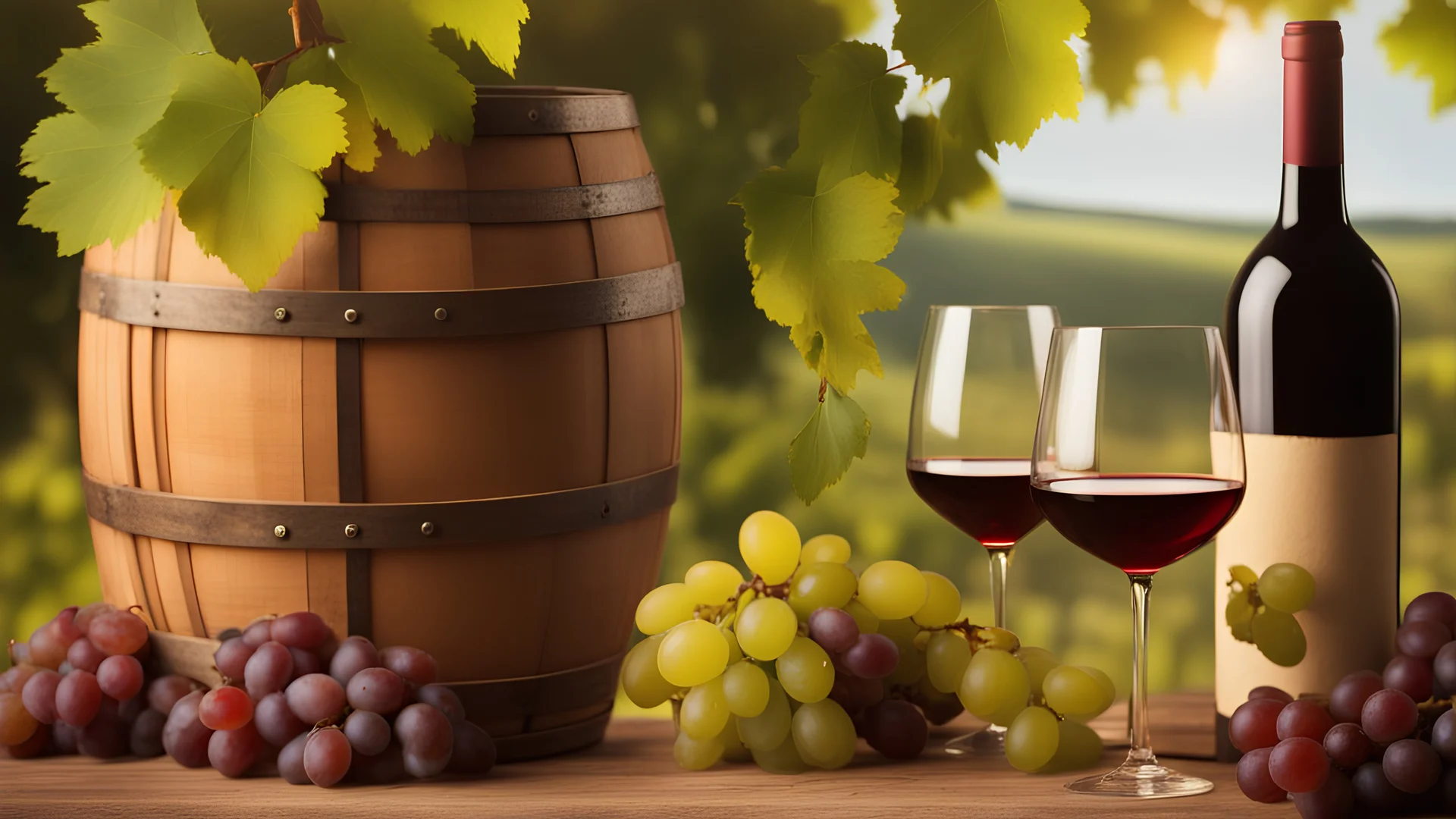 Bottles and wineglasses with grapes and barrel in rural scene background. Traditional winemaking and wine tasting.