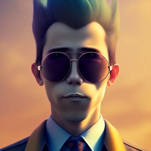 a man with sunglasses standing in front of a cloudy sky, a character portrait, by Miyazaki, flcl, old charismatic mechanic, subtle confident smile, in pilote, solarpunk human, defying gravity, pompadour, absolute chad, john carmack, daddy energy, gulf, beautiful singularities