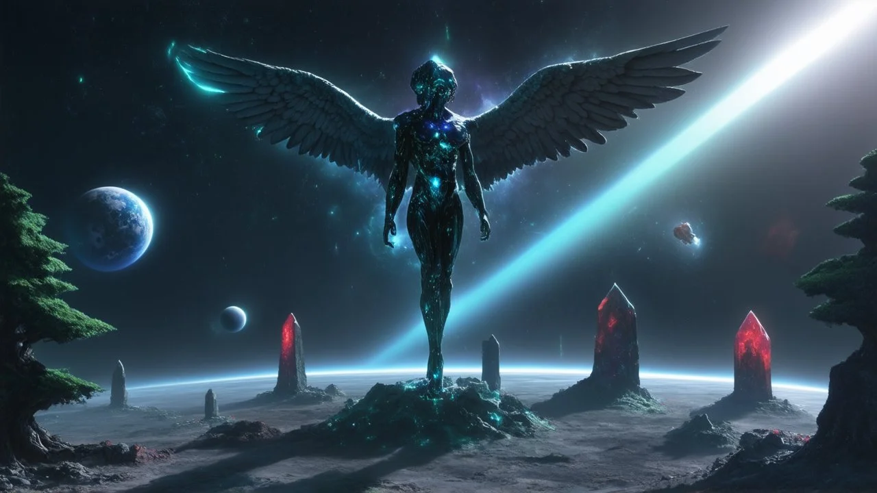 matrix, god creation, few planets on the back ground. small and large deposits of monoliths of red, blue, and green crystals of tiberium on the right side, seven space trees on the left side of the angel from the other dimensions.