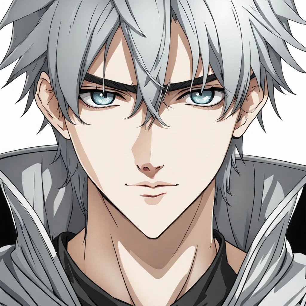 A stunningly detailed (((headshot portrait))), capturing the essence of a young man in his 20s with silver hair and piercing gray eyes, exuding a sense of confidence and protection, anime realism style