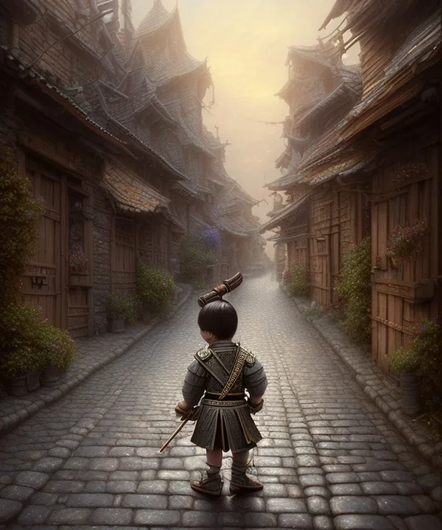 little boy samurai. shadows, Brent Weeks, Night Angel, cobblestone street alley, highly detailed, hyper-detailed, beautifully color-coded, insane details, intricate details, beautifully color graded, Cinematic, Color Grading, Editorial Photography, Depth of Field, DOF, Tilt Blur, White Balance, 32k, Super-Resolution, Megapixel, ProPhoto RGB, VR, Halfrear Lighting, Backlight, non photorealistic rendering