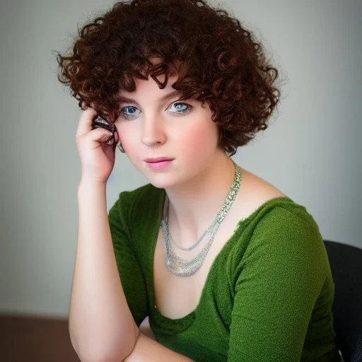 roman princess, cute, beautiful, short hair, curly hair, green eyes, sit on chair portrait, cinematic, 8k,