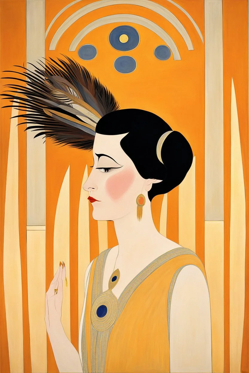 a woman with feathers in an Art Deco foyer by artist "Erté",by artist "Hilma af Klint"