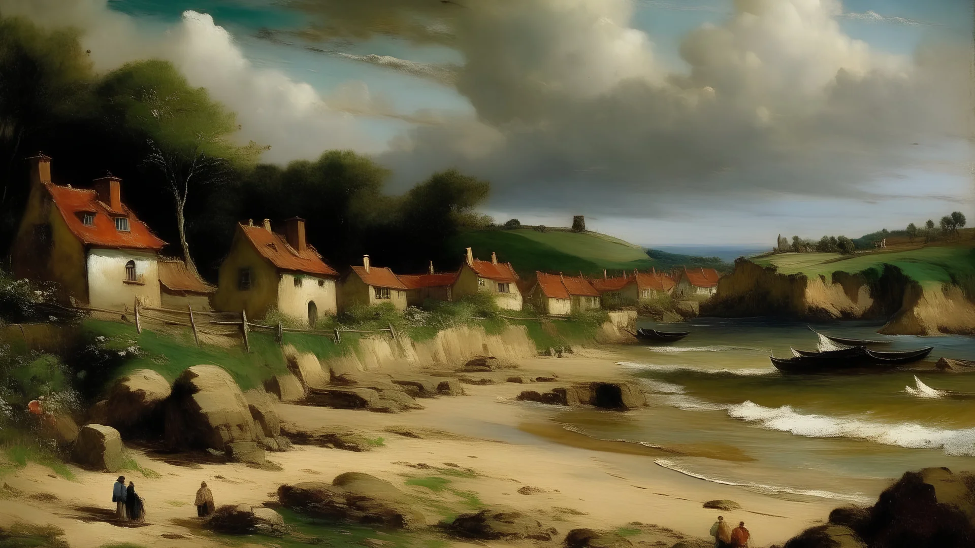 A small village near a beach painted by Gustave Courbet