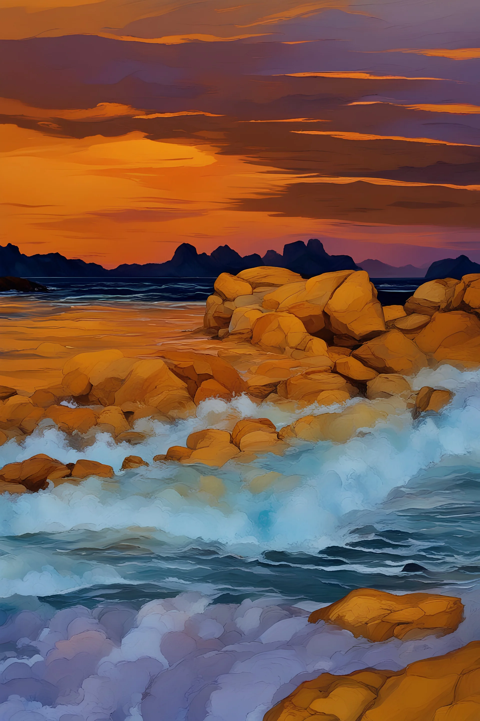 Beautiful rocky bay of ocean waters and waves in sunset with different blues and oranges and yellows and purples