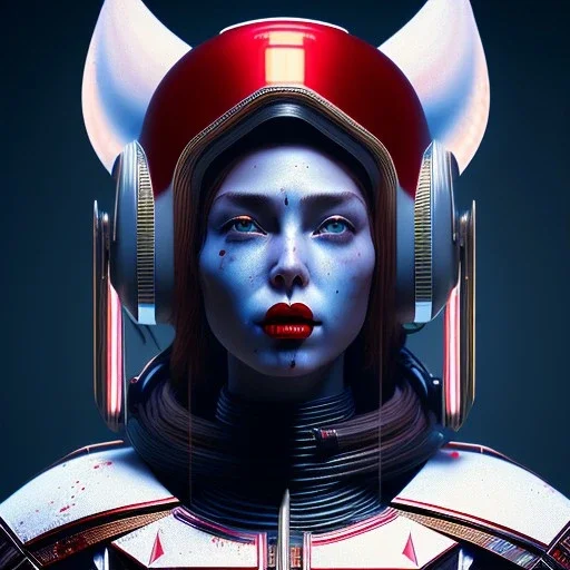 Us woman, rounded face, blood, star, black, red, blue, silver, samurai helmet, decorative color feathers, retro, bamboo, leather, soft color, highly detailed, art stations, concept art, smooth, unreal engine 5, god rays, ray tracing, RTX, lumen lighting, ultra detail, volumetric lighting, 3d, finely drawn, high definition, high resolution.