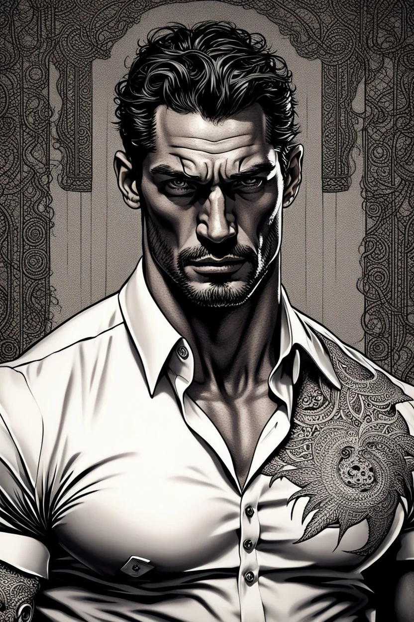 David Gandy Very muscular man short cropped hair and rough beard, tribal tattoos wearing white button up shirt, realistic face, close-up, dark fantasy, interrogation room, intricate details, hyper detailed