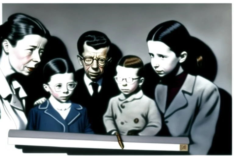 a photo of child-like Simone de Beauvoir and child-like Jean-Paul Sartre meeting child-like Che Guevara who is lighting a cigar for child-like Jean-Paul Sartre