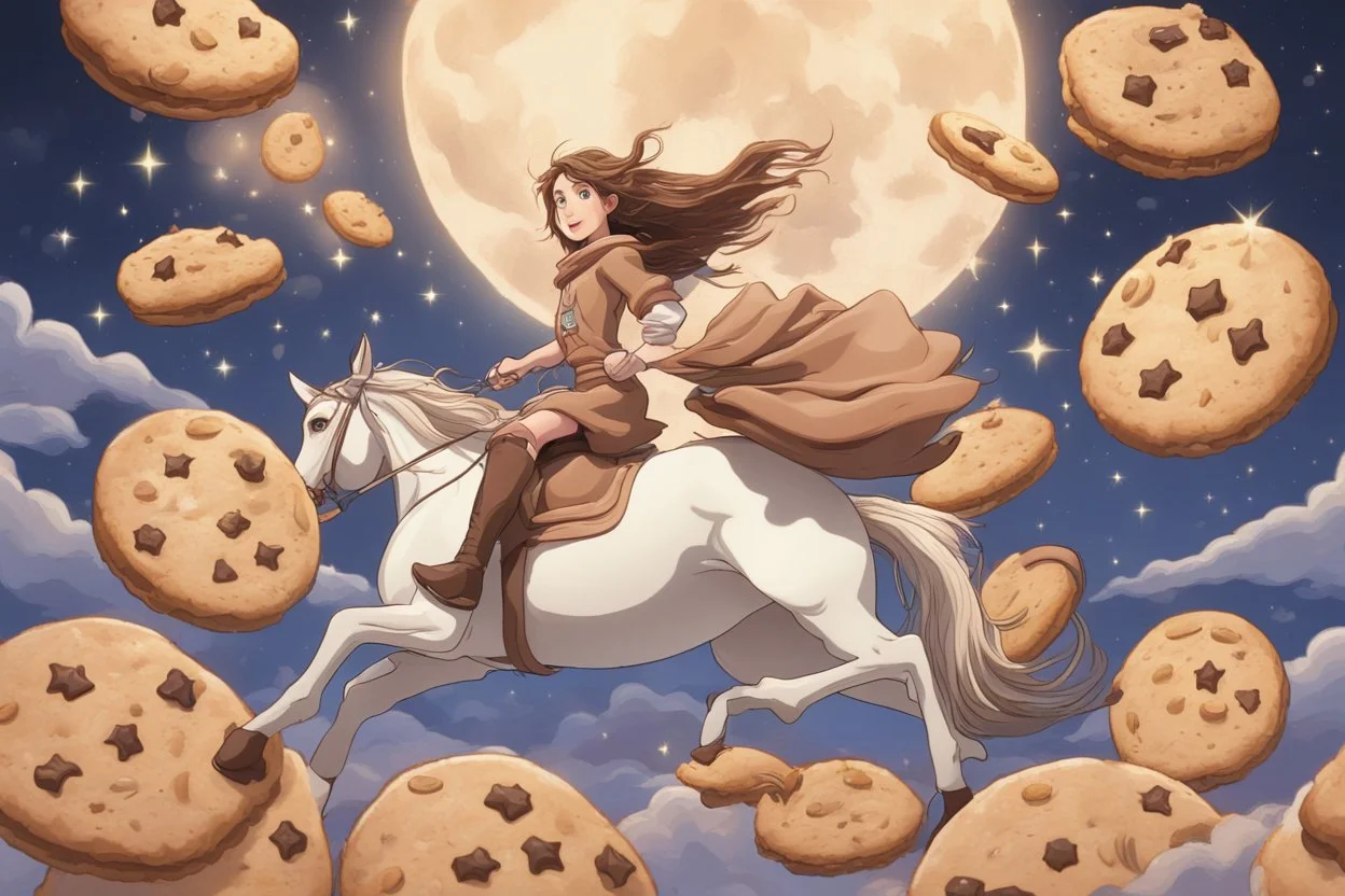 a long, brown-haired girl rides a horse dynamically across the night sky, leaping over a pile of different cookies. Shining moon, in starshine