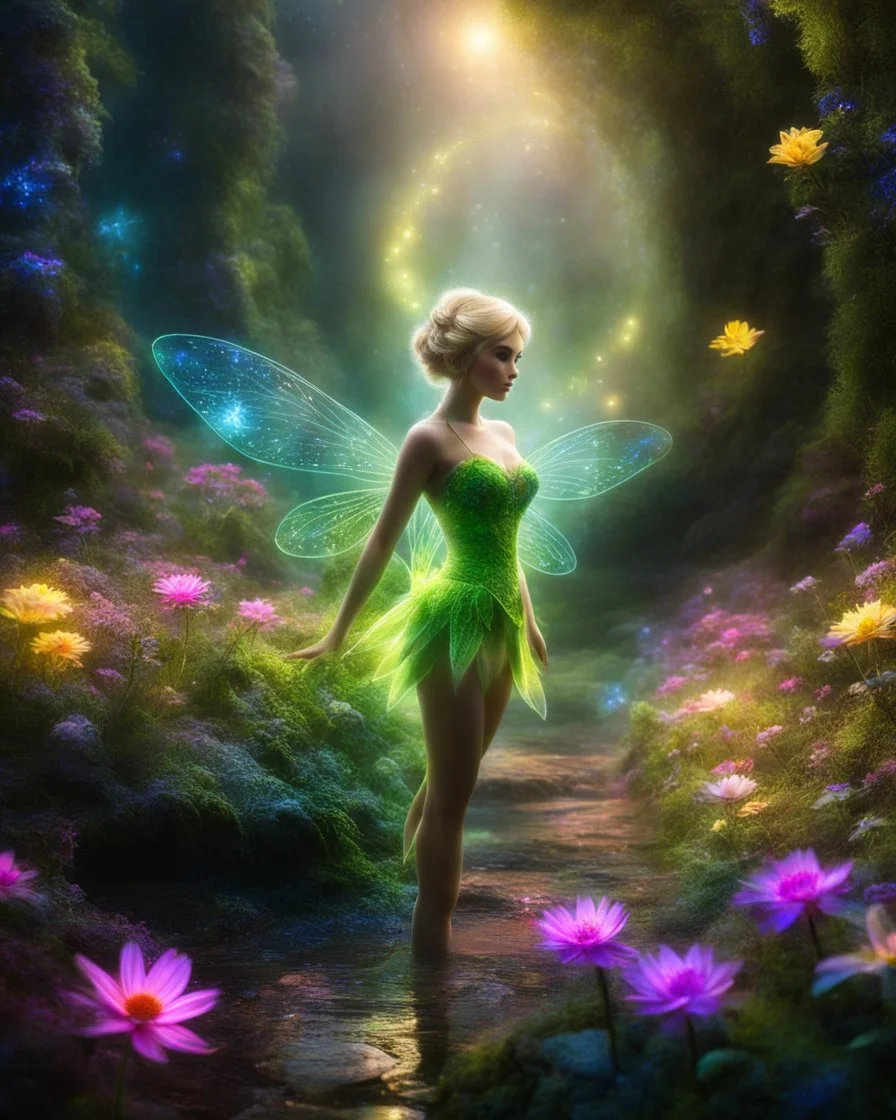 Beautiful Tinkerbell in Landscape in a magical place with neon flowers and tiny fairies all in photography art