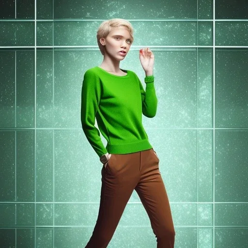 short blonde hair, green sweater, black pants, woman falling through glass shards, pan in the hand, brown shoes, side view, no ground