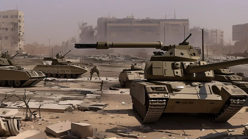 Israeli soldiers and tanks stand on a very large chessboard in the middle of a destroyed city