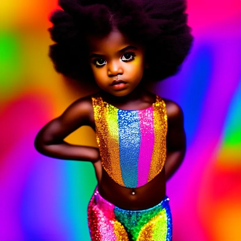 full body shot, masterpiece, best quality, child, dark skinned, sparkling eyes, fluorescent skin, colorful makeup, afro, highly detailed body, sun light, 4K, RAW, depth of field, high contrast, realistic details, 24mm