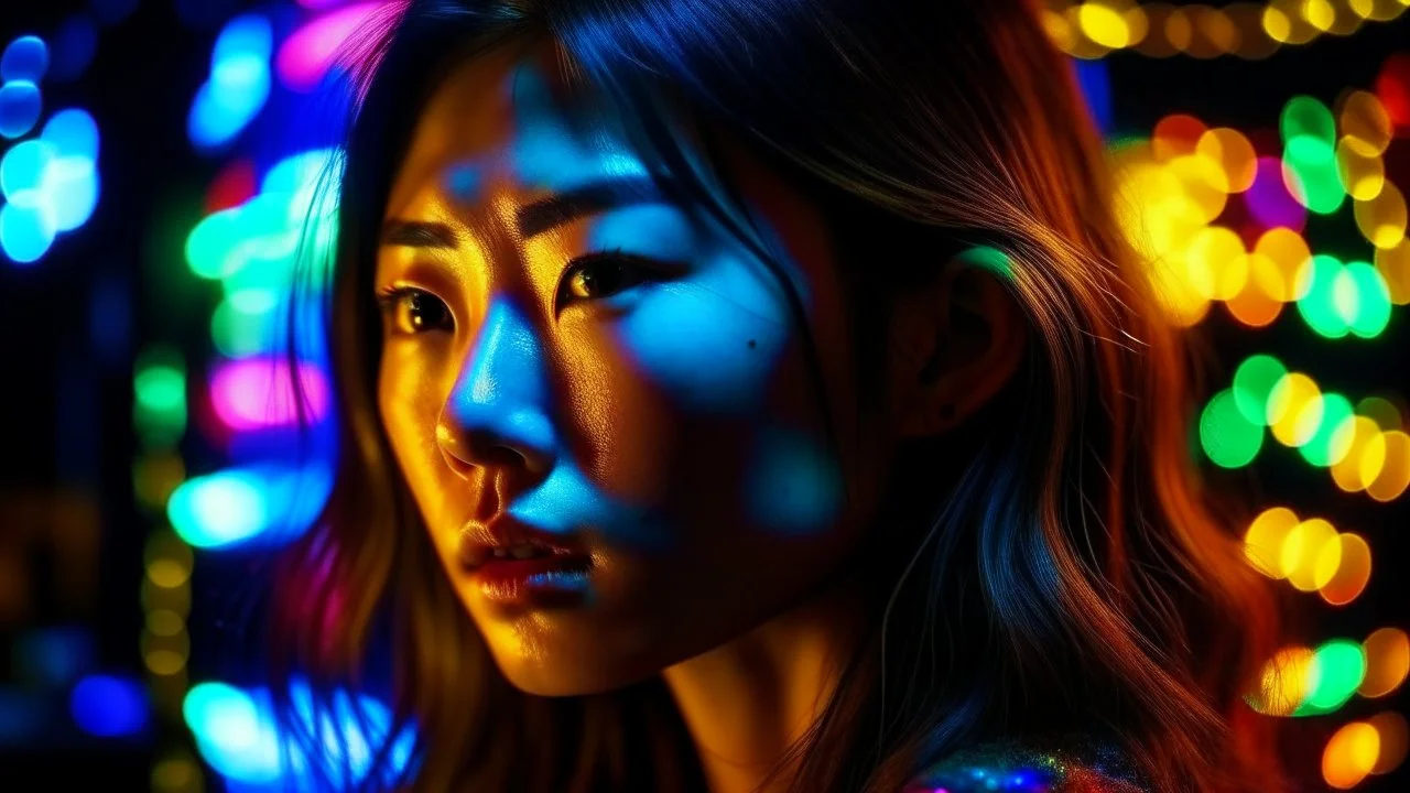 ((best quality)), ((masterpiece)), ((detailed)), (Intricate), ((Unparalleled)), ((Captivating)), Woman, Asian, Southeast Asian, Oriental, Photograph, Picture, Capture, Neon light, Vibrant glow, Electrifying light, Fluorescent lighting, Bokeh effect, Subject separation