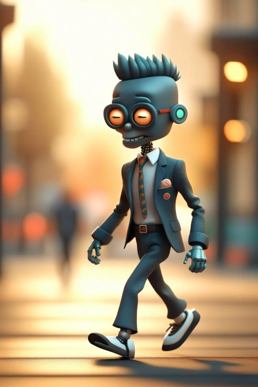 60s cute punk chat robot with suit and tie and rollerskates,in skating park, its such a perfect day, motion blur, smoke, 8k, downlight, soft light, depth of field, photorealism, trending on art station, some detail