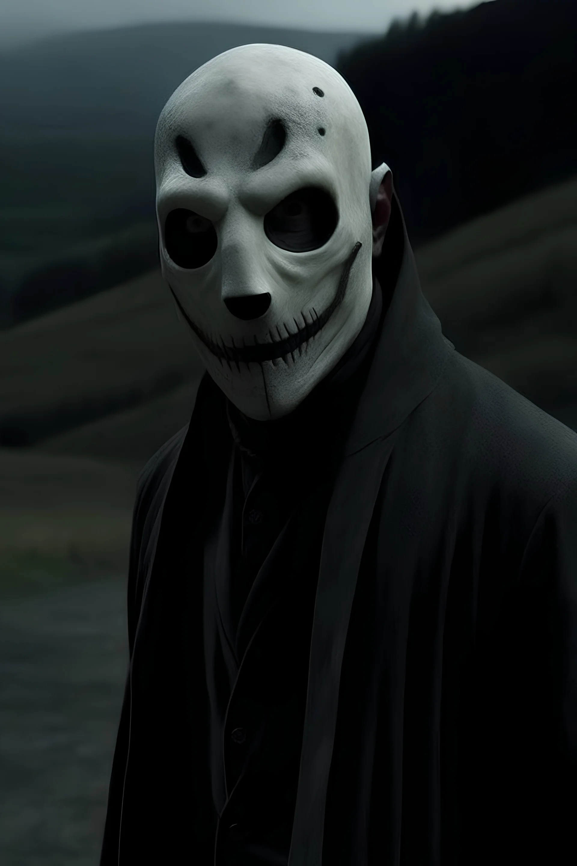 Make a horror image to a movie with the tital aux difference. The image most have a guy with a white mask and a putty ind a dark valley. the name of the movie. And it has to be more dark