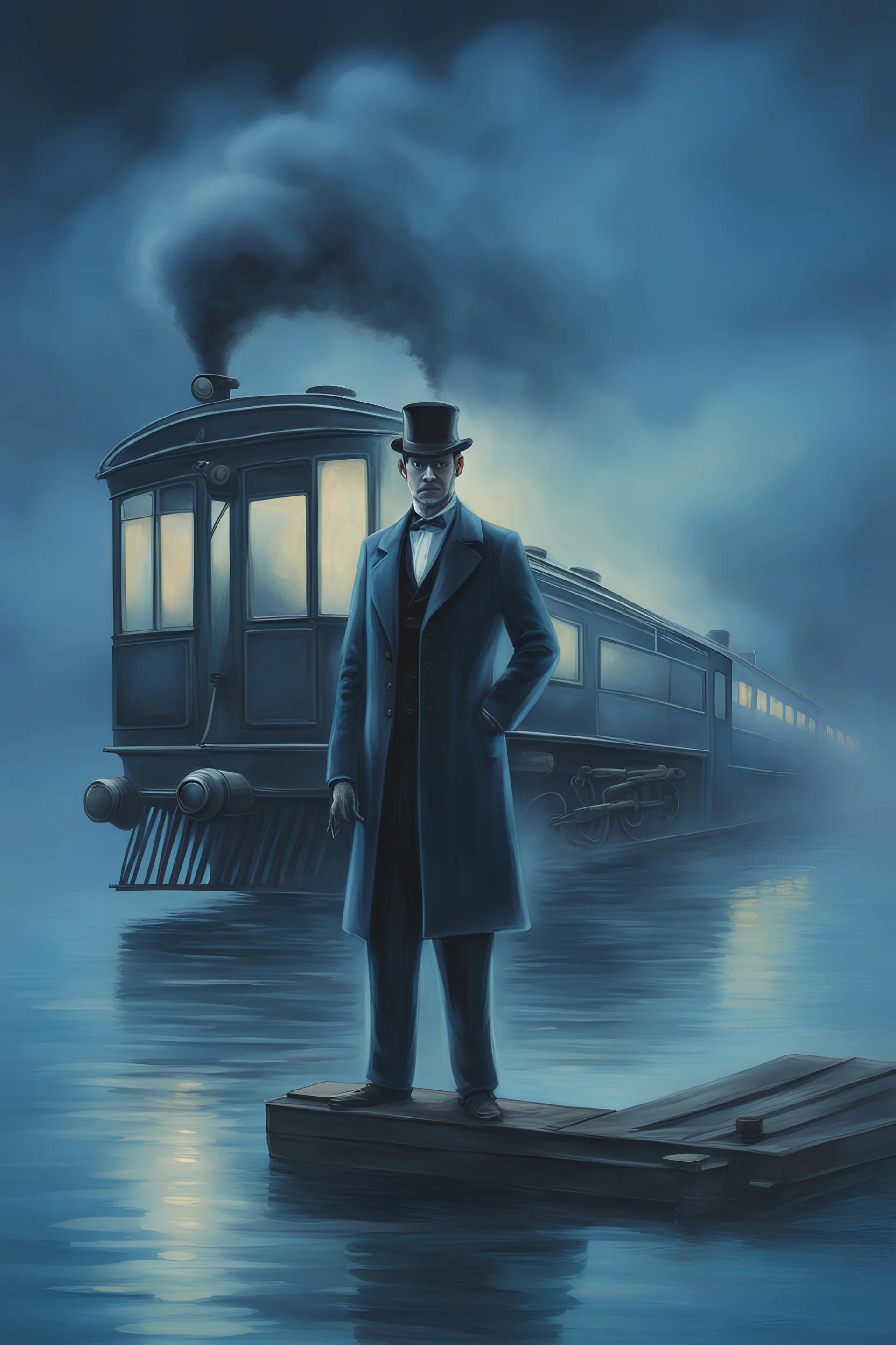 An artistic painting of a ghostly train conductor standing in the middle of a lake surrounded by a ghostly blue mist. A pocket watch clasped in his hand as he stares with blue eyes at the viewer.