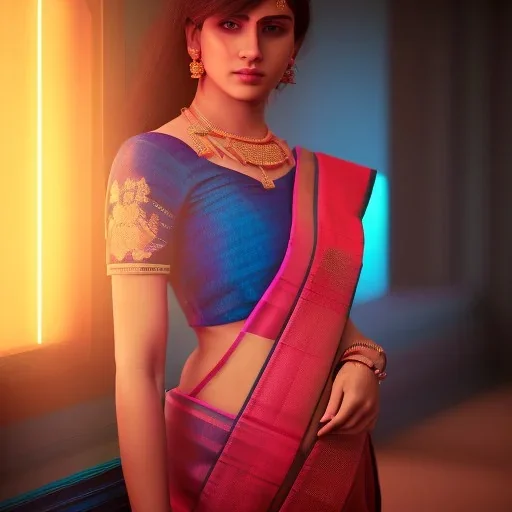 full body photo of a girl in saree in dark room with neon light ,hyperrealistic,detailed,8k,cinematic