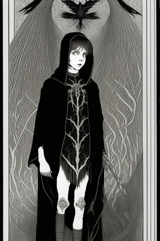 7 year old boy, necromancer, friendly, looks dead,with a long lamprey emerging from his belly , wearing black robes, in the style of Harry Clarke