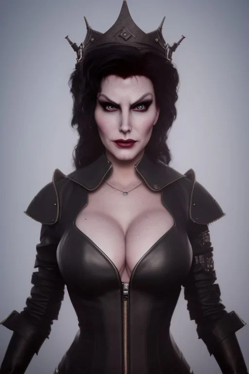 Amy Dumas as evil queen in black leather, leather, busty, cleavage, angry, rage, stern look. character design by cory loftis, fenghua zhong, ryohei hase, ismail inceoglu and ruan jia. unreal engine 5, artistic lighting, highly detailed, photorealistic, fantasy