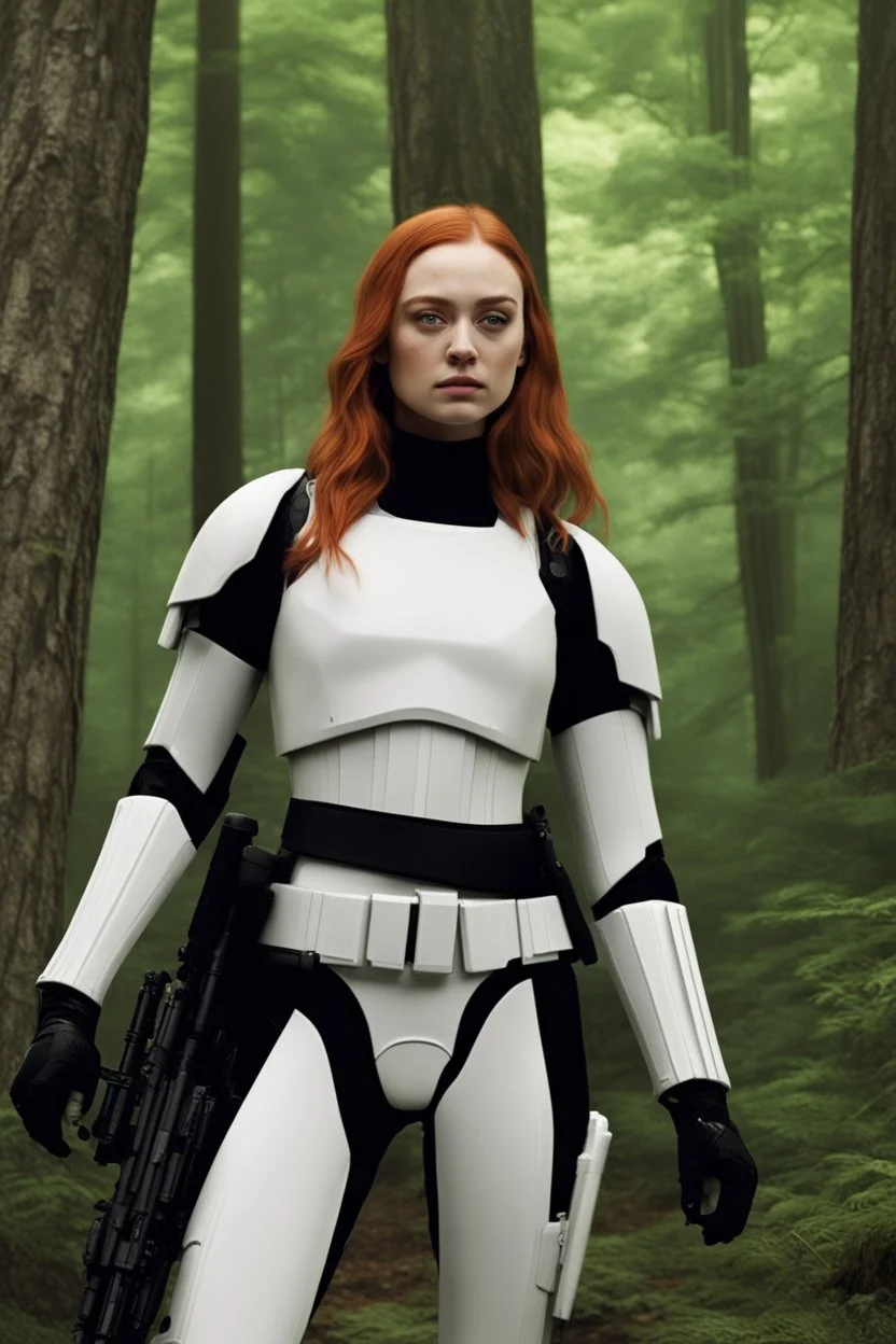 [Sophie Turner] The figure trudging wearily through the dense forest was a shadow of her former self. Once Captain Sophie Turner had commanded the respect and authority befitting her rank as an elite stormtrooper in the service of the Galactic Empire. But that was before the torture at rebel hands, the harrowing escape from their transport, and the crashlanding on this desolate planet. Now the proud armor was long gone, and what remained of her imperial-issued bodysuit hung in filthy strips. Bla