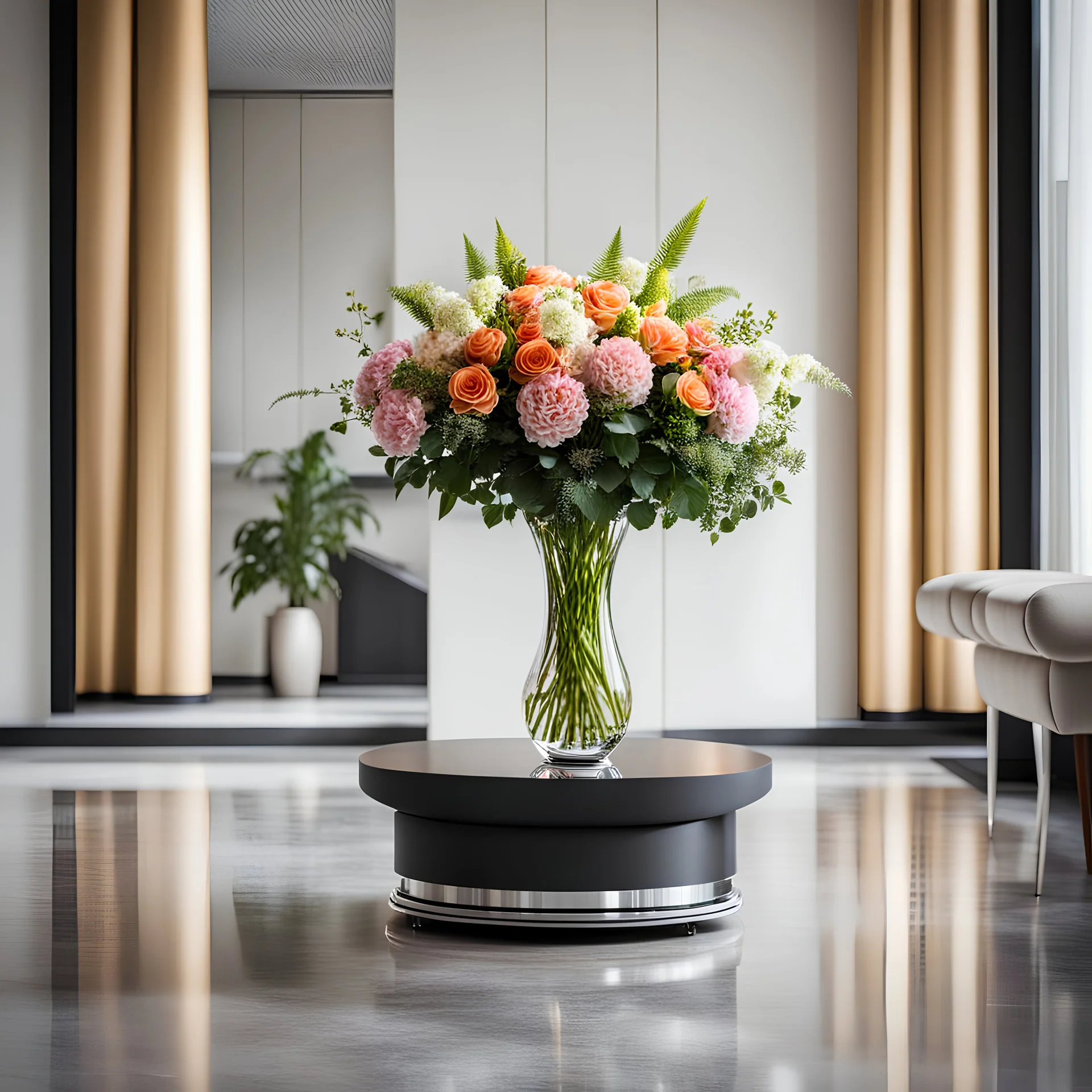 a luxury vase of flower on a turning turntable in modern hall